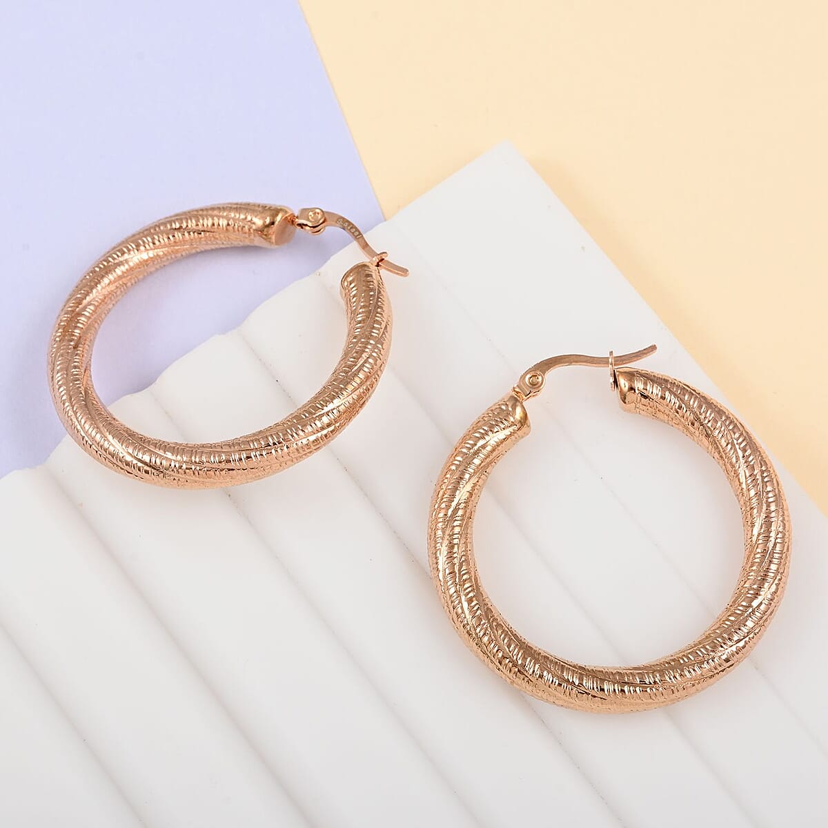 Thick Sand Blasted Textured Hoop Earrings in ION Plated Rose Gold Stainless Steel 13.10 Grams image number 1