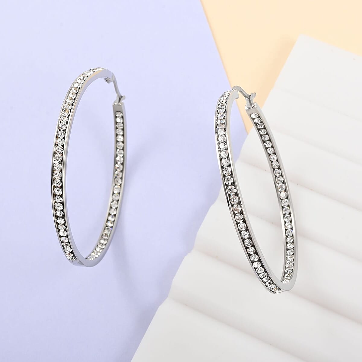 Simulated Diamond Hoop Earrings in Stainless Steel, Tarnish-Free, Waterproof, Sweat Proof Jewelry image number 1