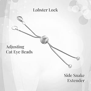 9mm Lobster Lock with 2Inch Each Side Snake Extender Chain and 6mm Adjusting Cat Eye Beads in Rhodium Over Sterling Silver
