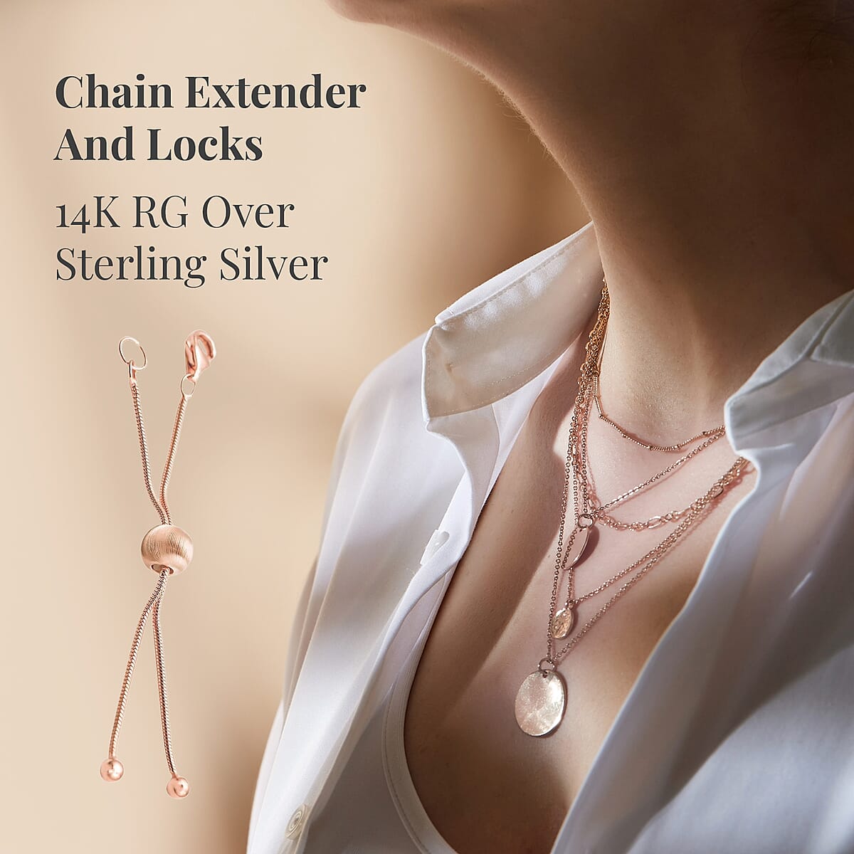 9mm Lobster Lock with 2Inch Each Side Snake Extender Chain and 6mm Adjusting Cat Eye Beads in 14K RG Over Sterling Silver image number 2