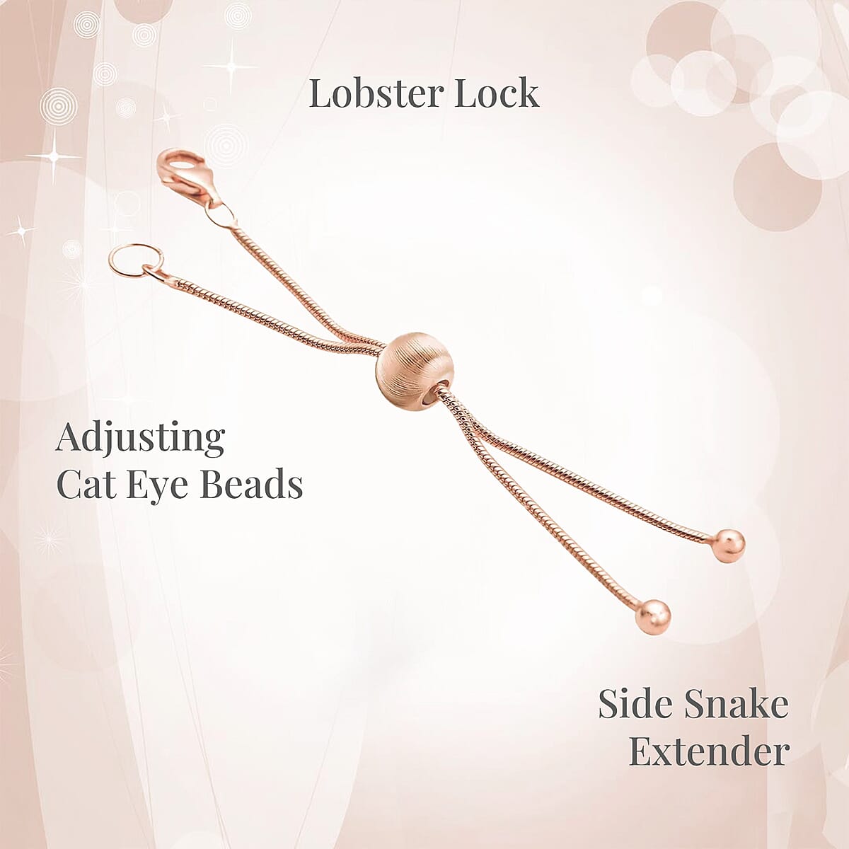 9mm Lobster Lock with 2Inch Each Side Snake Extender Chain and 6mm Adjusting Cat Eye Beads in 14K RG Over Sterling Silver image number 3