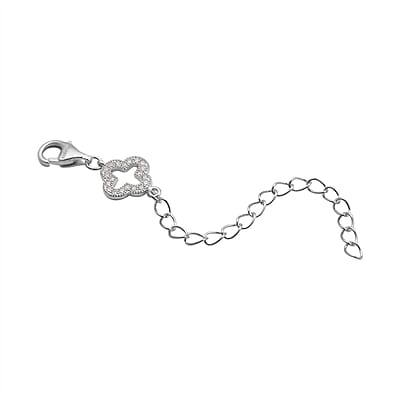 Simulated Diamond Plum Blossom Pattern Lobster Lock with 2 Inch Extender Chain in Rhodium Over Sterling Silver 0.20 ctw