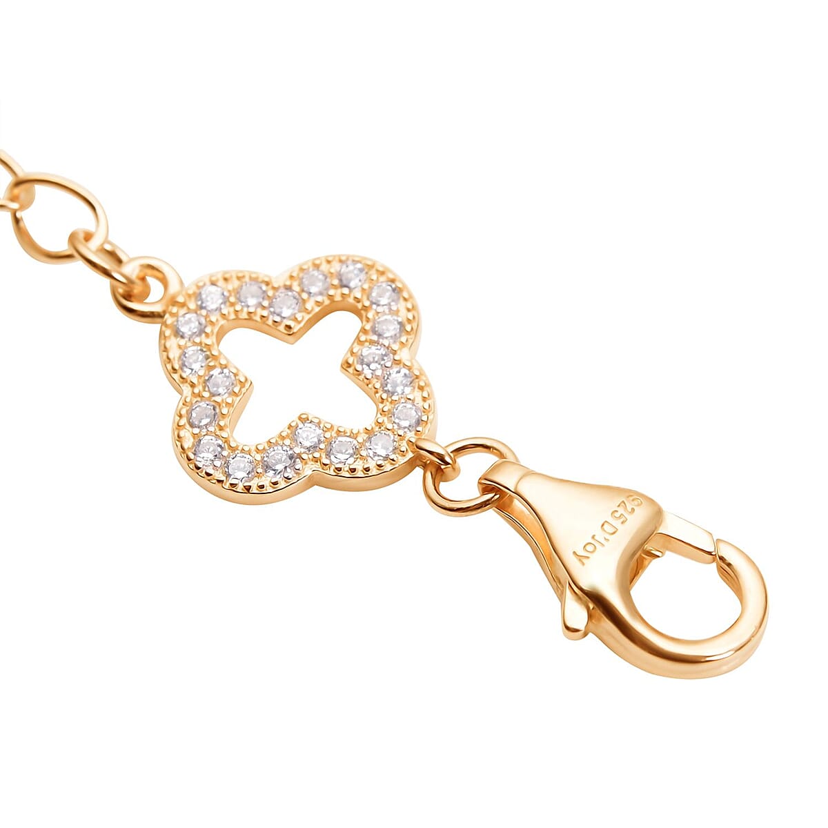 Simulated Diamond Plum Blossom Pattern Lobster Lock with 2 Inch Extender Chain in 14K Yellow Gold Over Sterling Silver image number 2