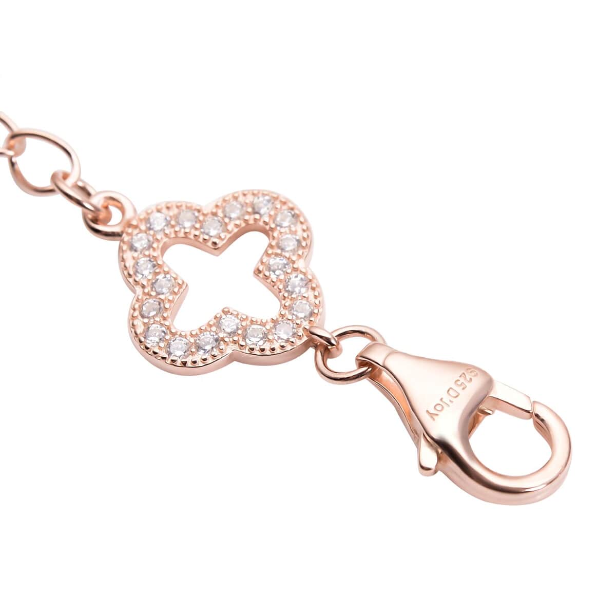 Simulated Diamond Plum Blossom Pattern Lobster Lock with 2In Extender Chain in 14K Rose Gold Over Sterling Silver image number 2