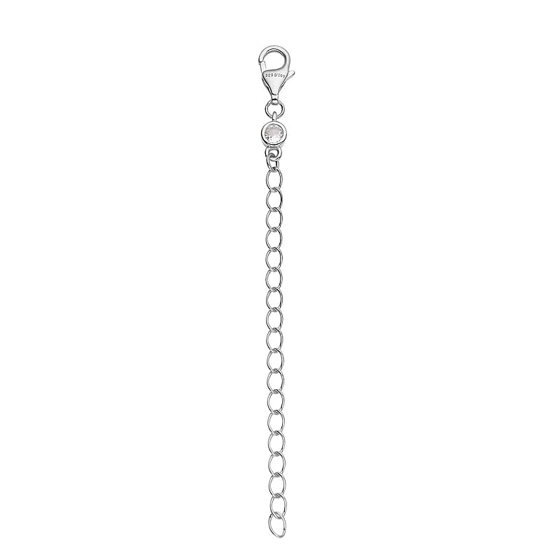Simulated Diamond Lobster Lock with 2 Inch Extender Chain in Rhodium Over Sterling Silver | Chain Extender | Sterling Silver Necklace Extender