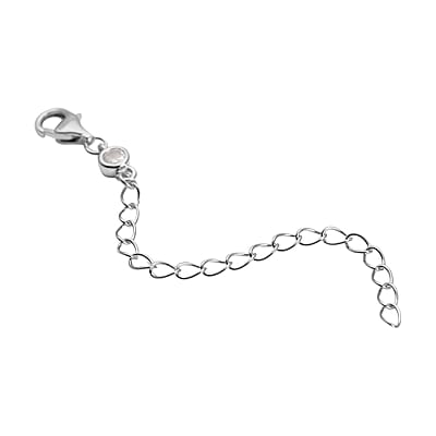 Simulated Diamond Lobster Lock with 2 Inch Extender Chain in Rhodium Over Sterling Silver | Chain Extender | Sterling Silver Necklace Extender