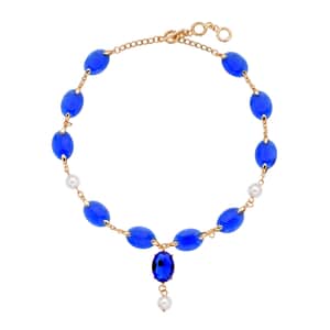 Simulated Blue Sapphire and White Pearl Necklace 22-23 Inches in Goldtone