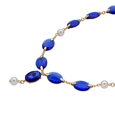 Simulated Blue Sapphire and White Pearl Necklace 22-23 Inches in Goldtone
