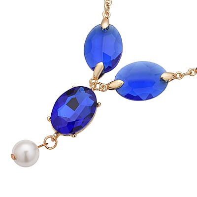 Simulated Blue Sapphire and White Pearl Necklace 22-23 Inches in Goldtone