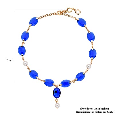 Simulated Blue Sapphire and White Pearl Necklace 22-23 Inches in Goldtone