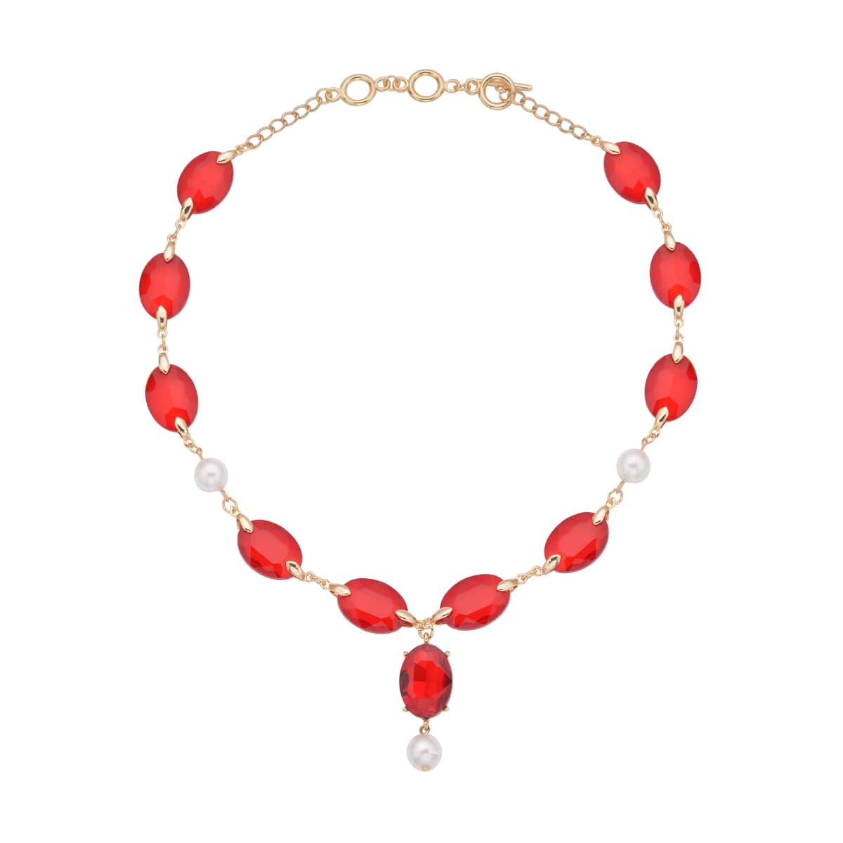 Simulated Ruby and White Pearl Necklace 22-23 Inches in Goldtone image number 0