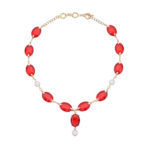 Simulated Ruby and White Pearl Necklace 22-23 Inches in Goldtone