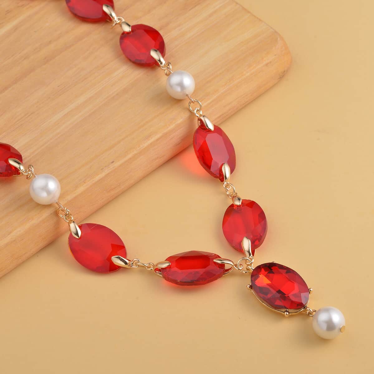 Simulated Ruby and White Pearl Necklace 22-23 Inches in Goldtone image number 1