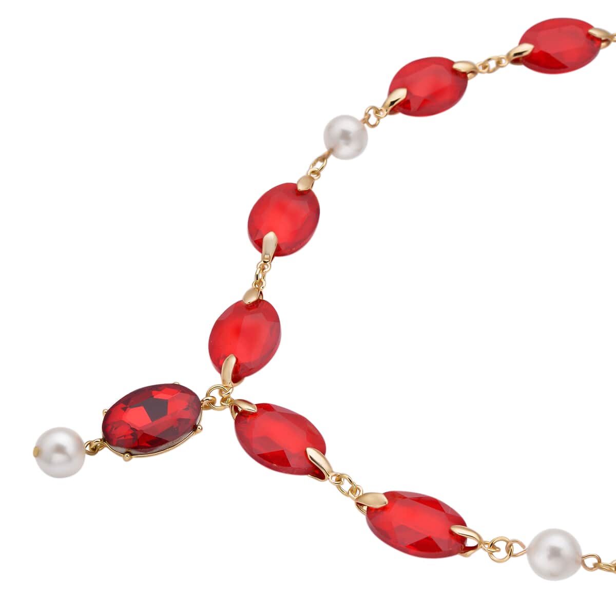 Simulated Ruby and White Pearl Necklace 22-23 Inches in Goldtone image number 2