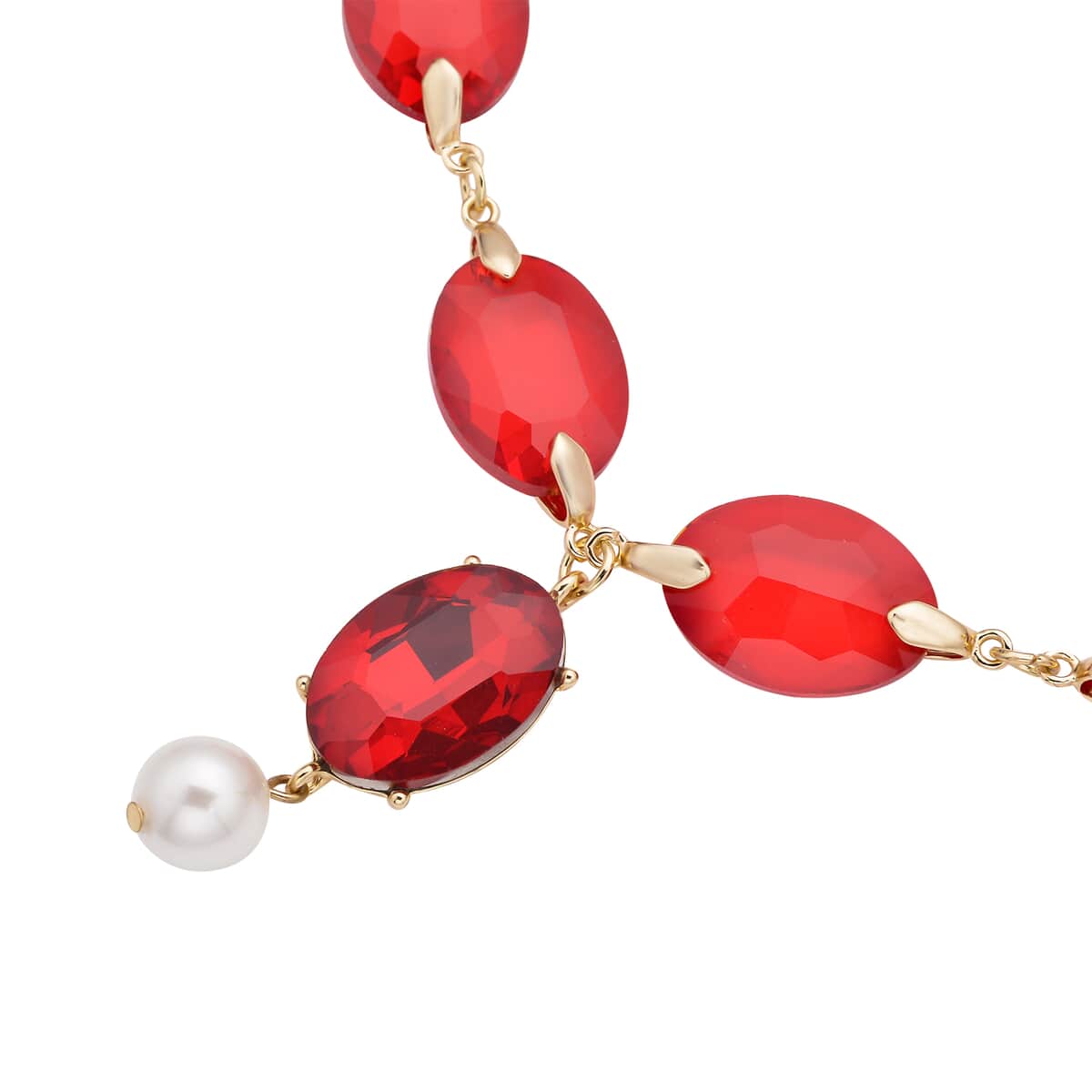 Simulated Ruby and White Pearl Necklace 22-23 Inches in Goldtone image number 3