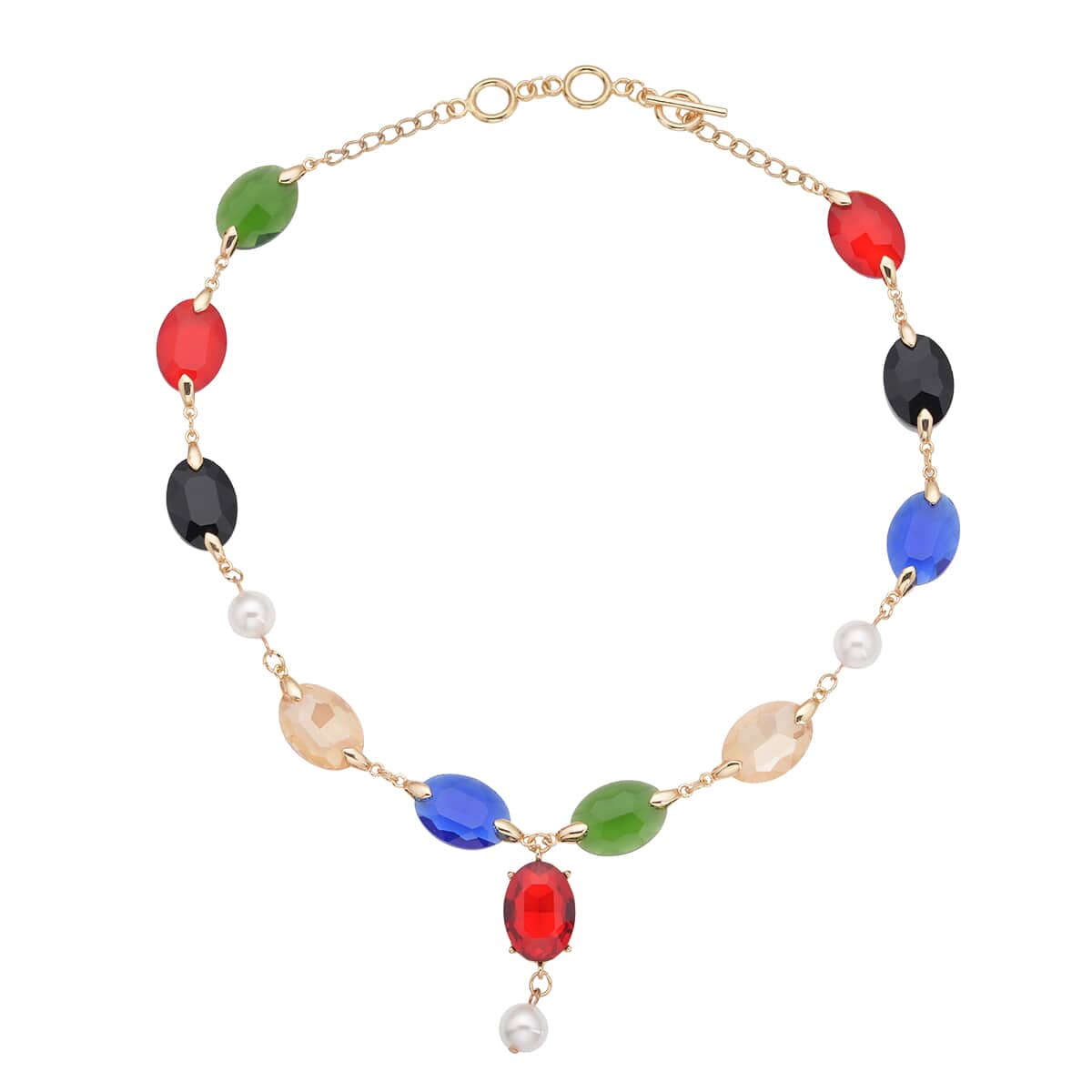 Simulated Multi Gemstone and White Pearl Necklace 22-23 Inches in Goldtone image number 0