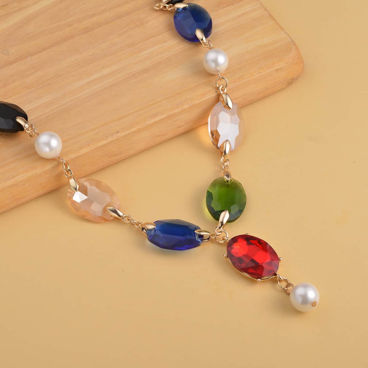 Simulated Multi Gemstone and White Pearl Necklace 22-23 Inches in Goldtone image number 1