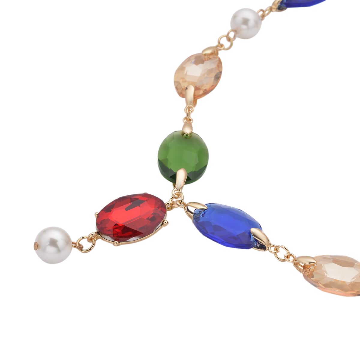 Simulated Multi Gemstone and White Pearl Necklace 22-23 Inches in Goldtone image number 2