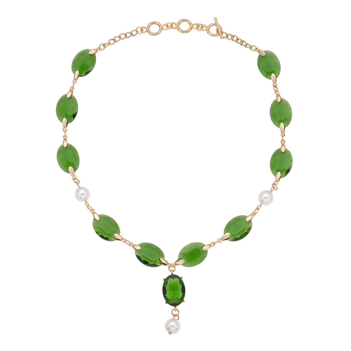 Simulated Emerald and White Pearl Necklace 22-23 Inches in Goldtone image number 0