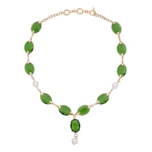 Simulated Emerald and White Pearl Necklace 22-23 Inches in Goldtone