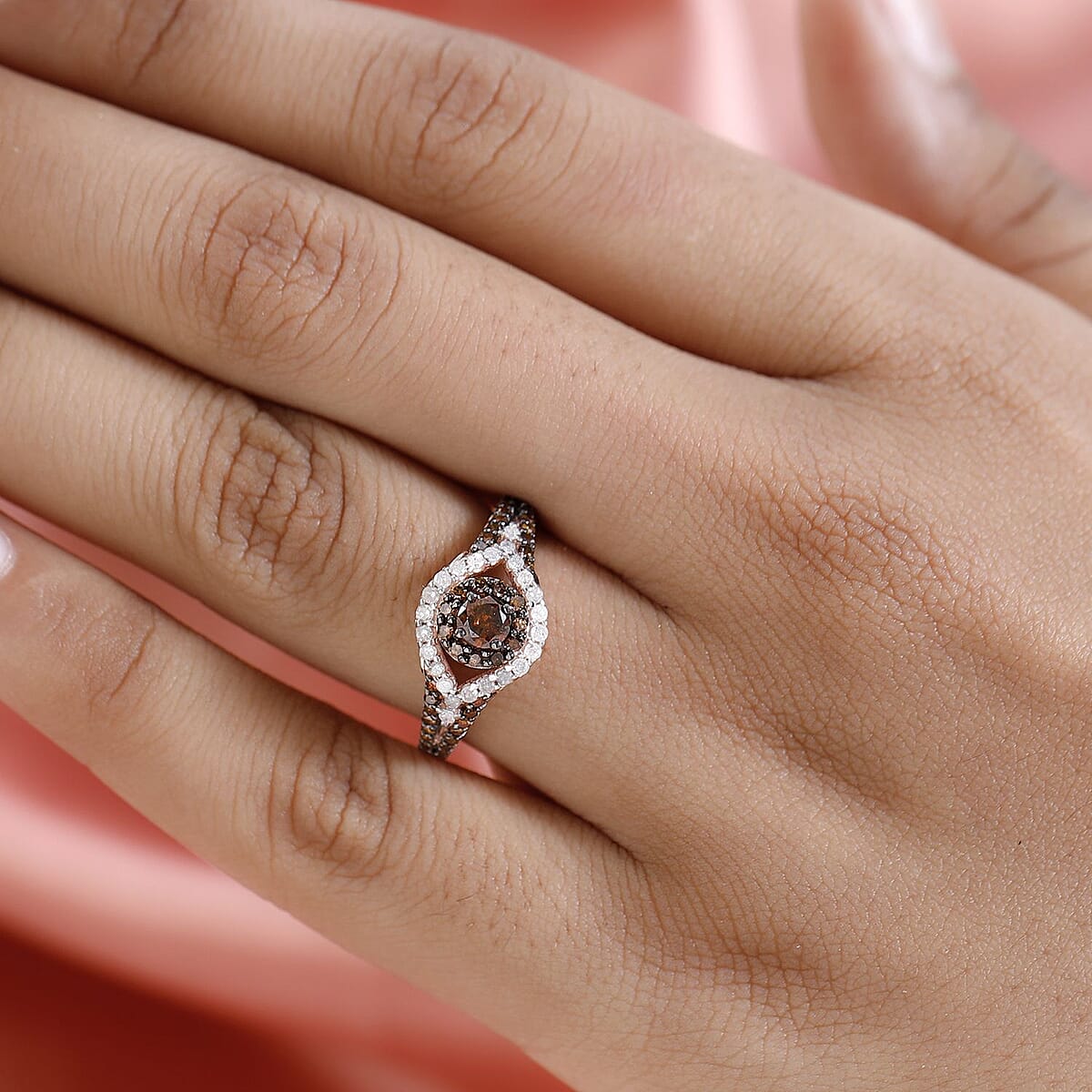 Red and White Diamond Ring in Rhodium & Vermeil RG Over Sterling Silver (Size 6.0) 1.00 ctw image number 2