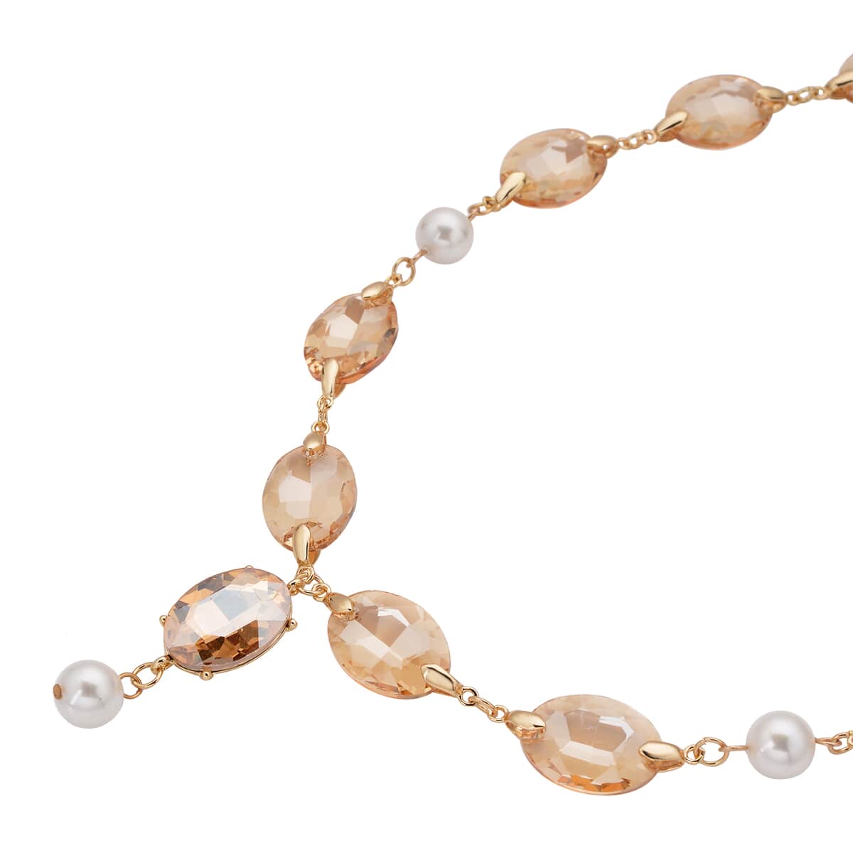 Simulated Champagne Quartz and White Pearl Necklace 22-23 Inches in Goldtone image number 2