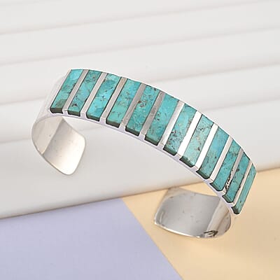 Santa Fe Style Kingman Turquoise Cuff Bracelet in Sterling Silver (6.00 In) 34.85 Grams 13.00 ctw