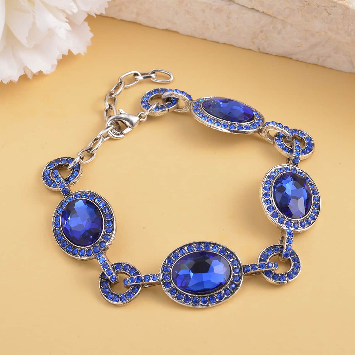 Simulated Blue Sapphire and Blue Austrian Crystal Bracelet in Silvertone (7.50 In) image number 1