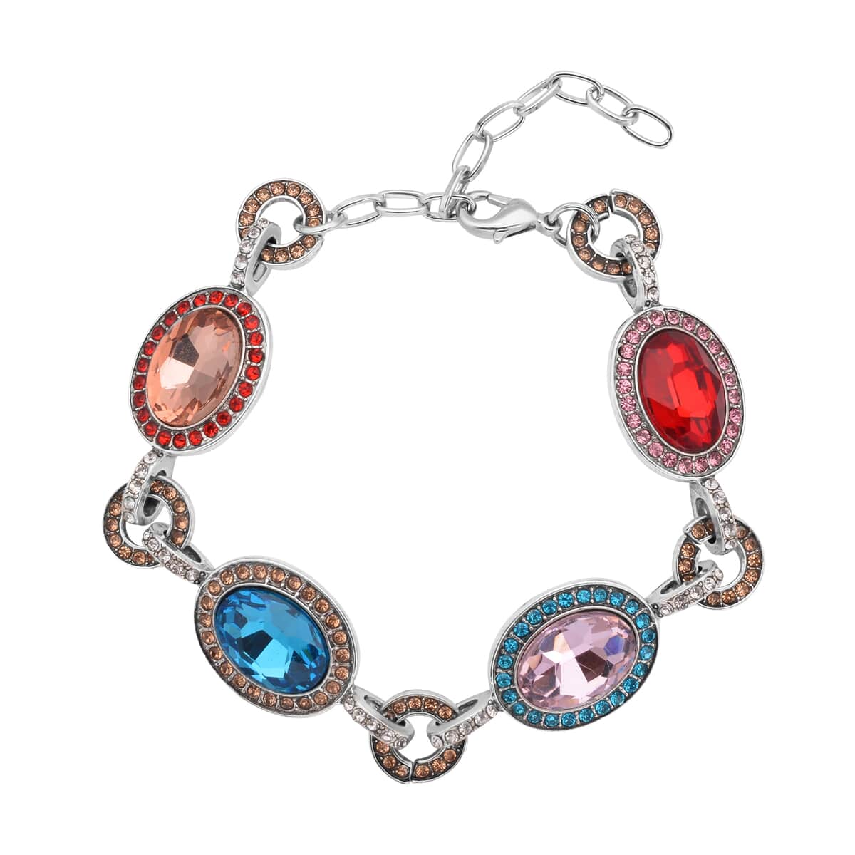 Simulated Multi Gemstone and Multi Color Austrian Crystal Bracelet in Silvertone (7.50-9.0In) image number 0