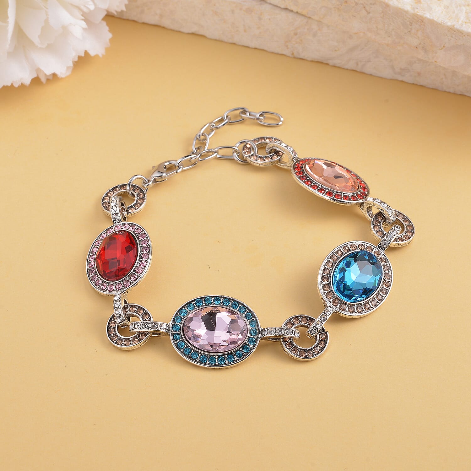 Simulated Multi Gemstone and Multi Color Austrian Crystal Bracelet in Silvertone (7.50-9.0In)
