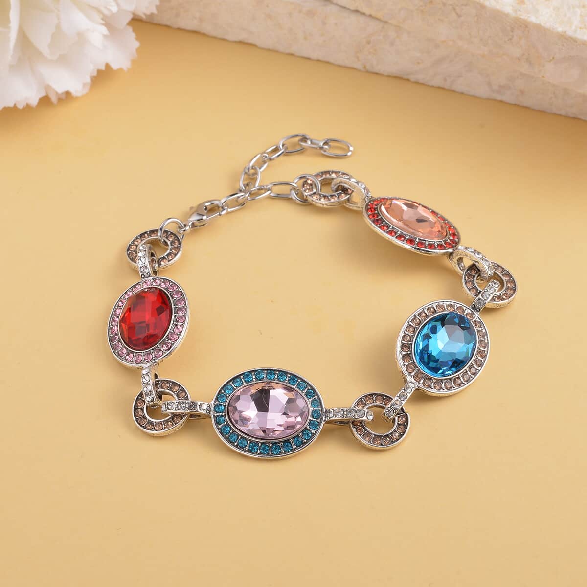 Simulated Multi Gemstone and Multi Color Austrian Crystal Bracelet in Silvertone (7.50-9.0In) image number 1