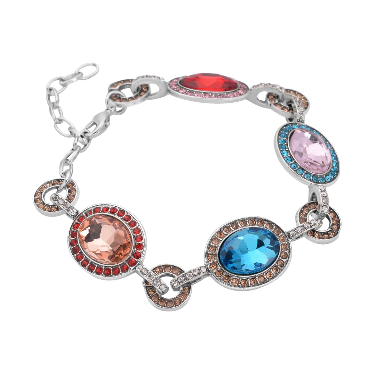 Simulated Multi Gemstone and Multi Color Austrian Crystal Bracelet in Silvertone (7.50-9.0In) image number 2