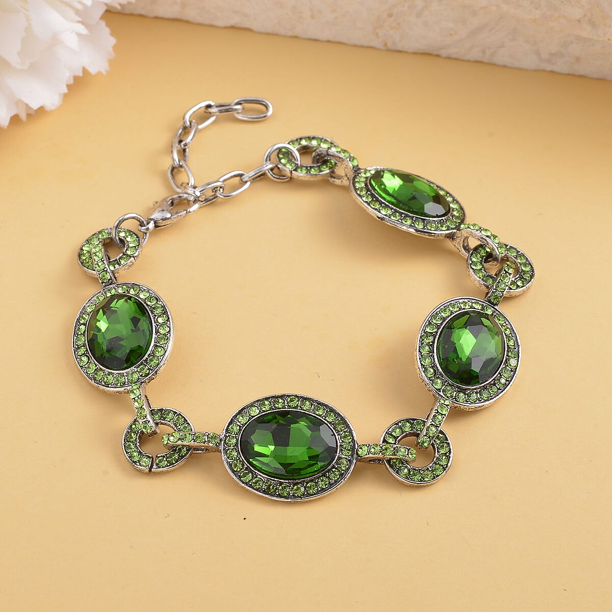 Simulated Emerald and Neon Green Austrian Crystal Bracelet in Silvertone (7.50-9.0In) image number 1