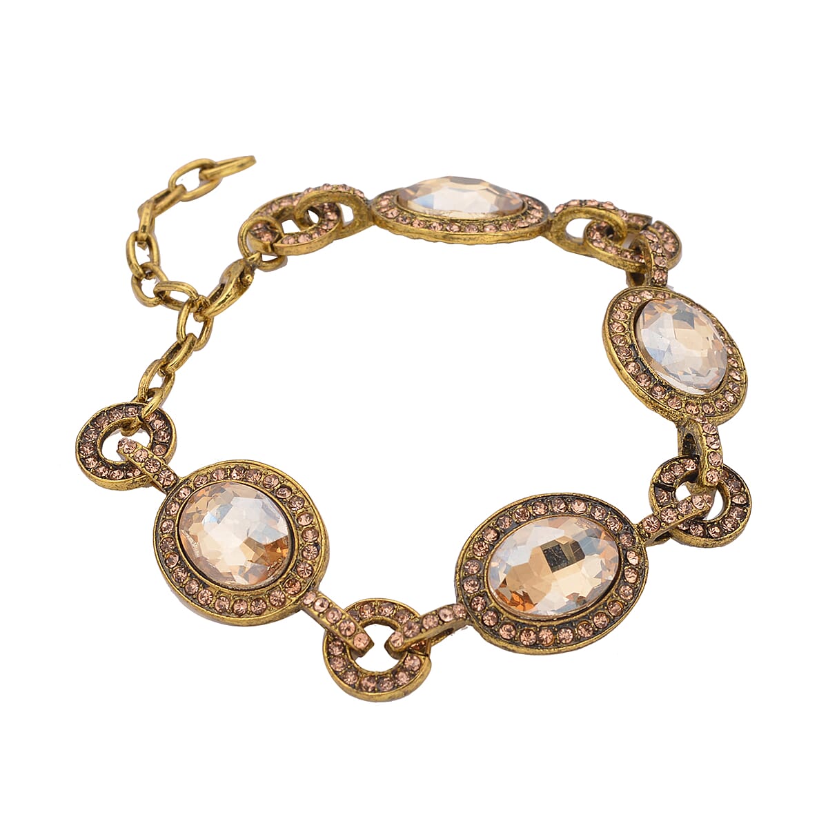 Simulated Champagne Quartz and Champagne Color Austrian Crystal Bracelet in Goldtone (7.50-9.0In) image number 2