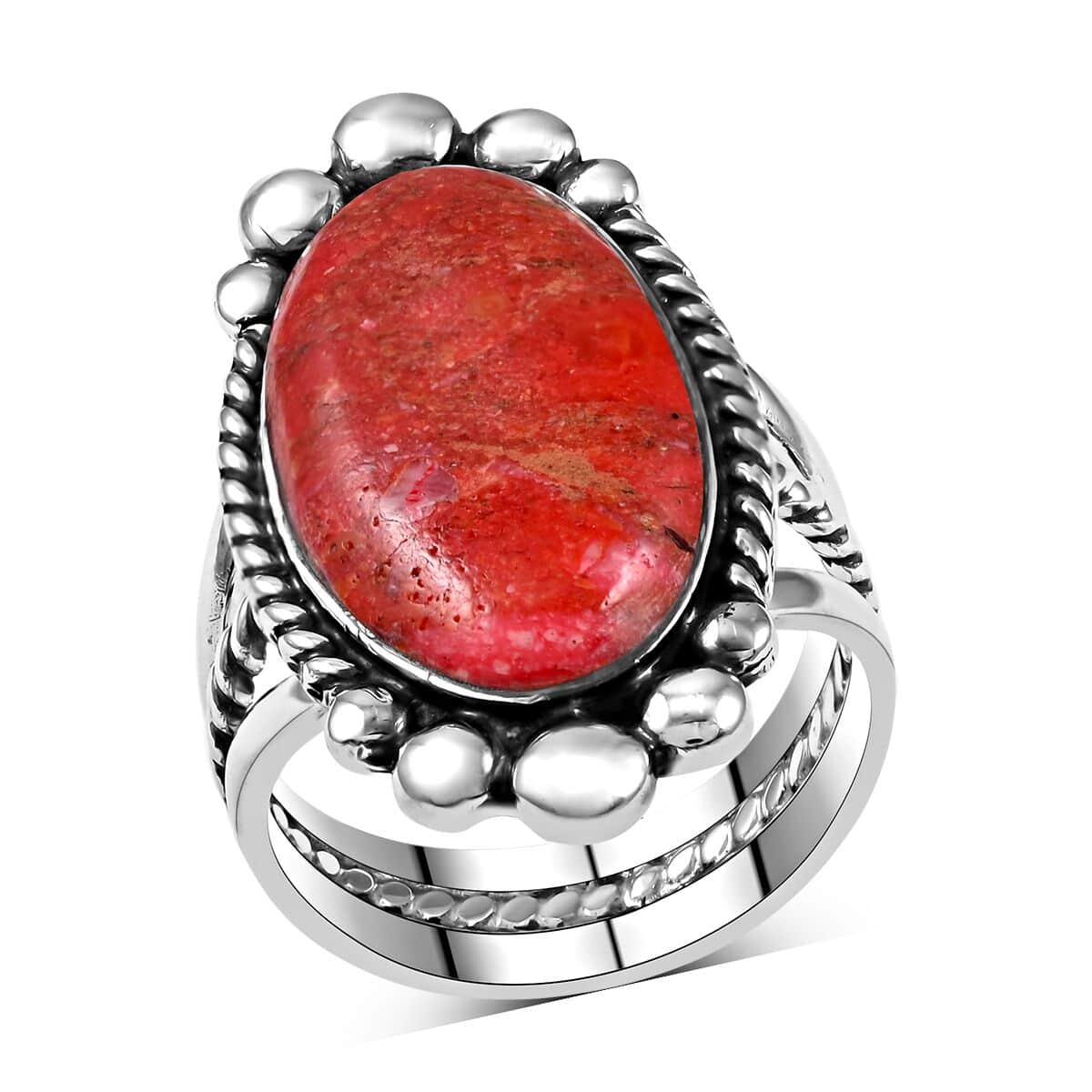 Santa Fe Style Coral Solitaire Ring in Sterling Silver (Size 6.0) 7.20 Grams image number 0