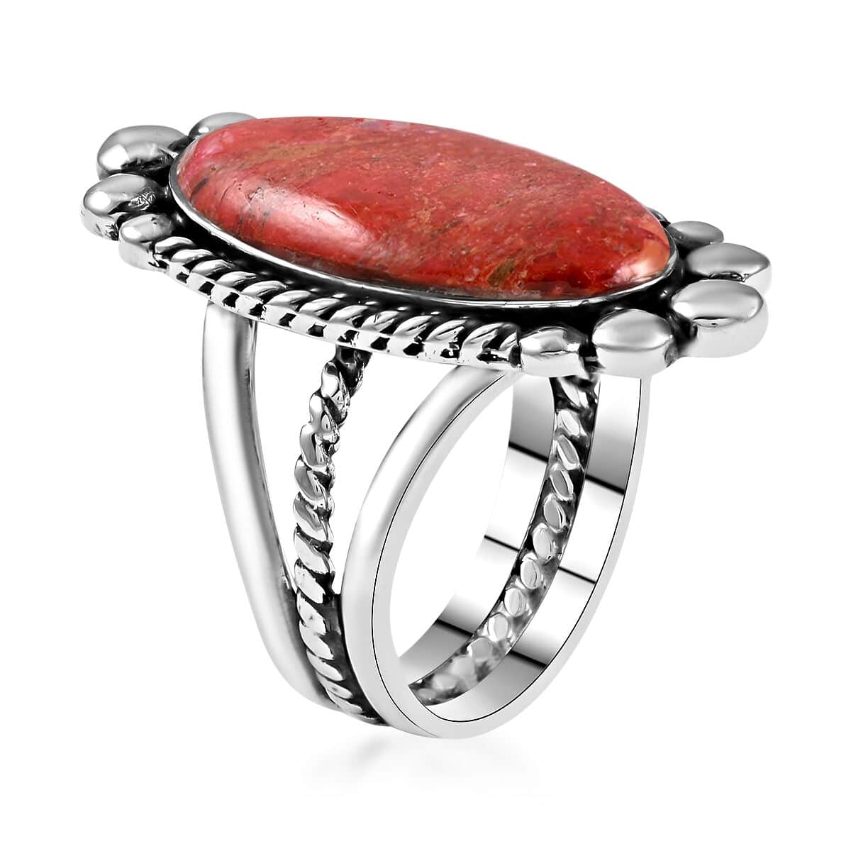 Santa Fe Style Coral Solitaire Ring in Sterling Silver (Size 6.0) 7.20 Grams image number 3