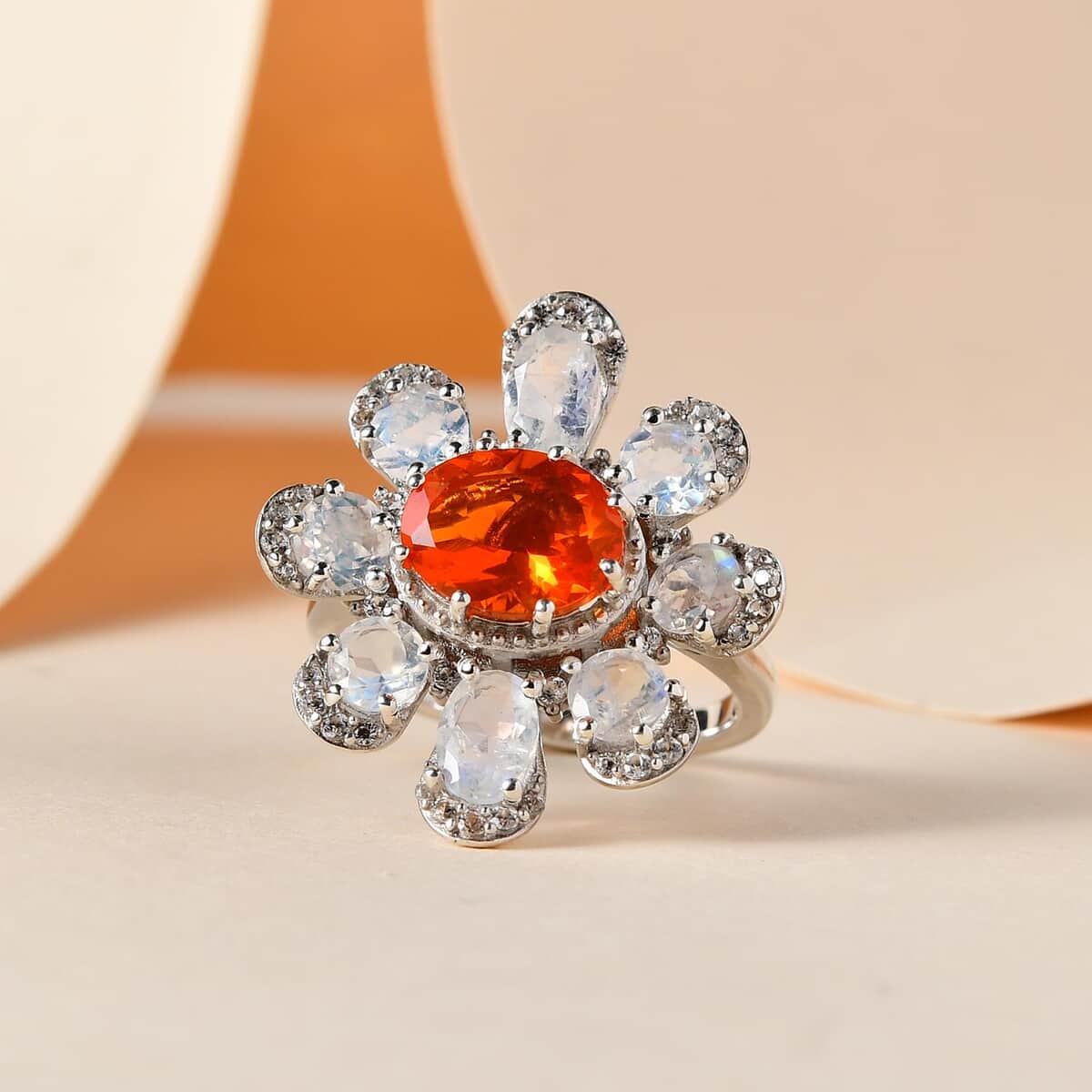GP Italian Garden Collection Mexican Fire Opal and Multi Gemstone Fire and Ice Ring in Platinum Over Sterling Silver (Size 10.0) 5.00 ctw image number 1