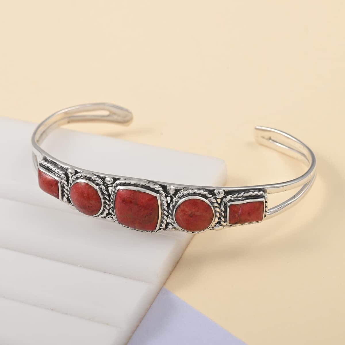 Santa Fe Style Coral Cuff Bracelet in Sterling Silver (6.00 In) image number 1