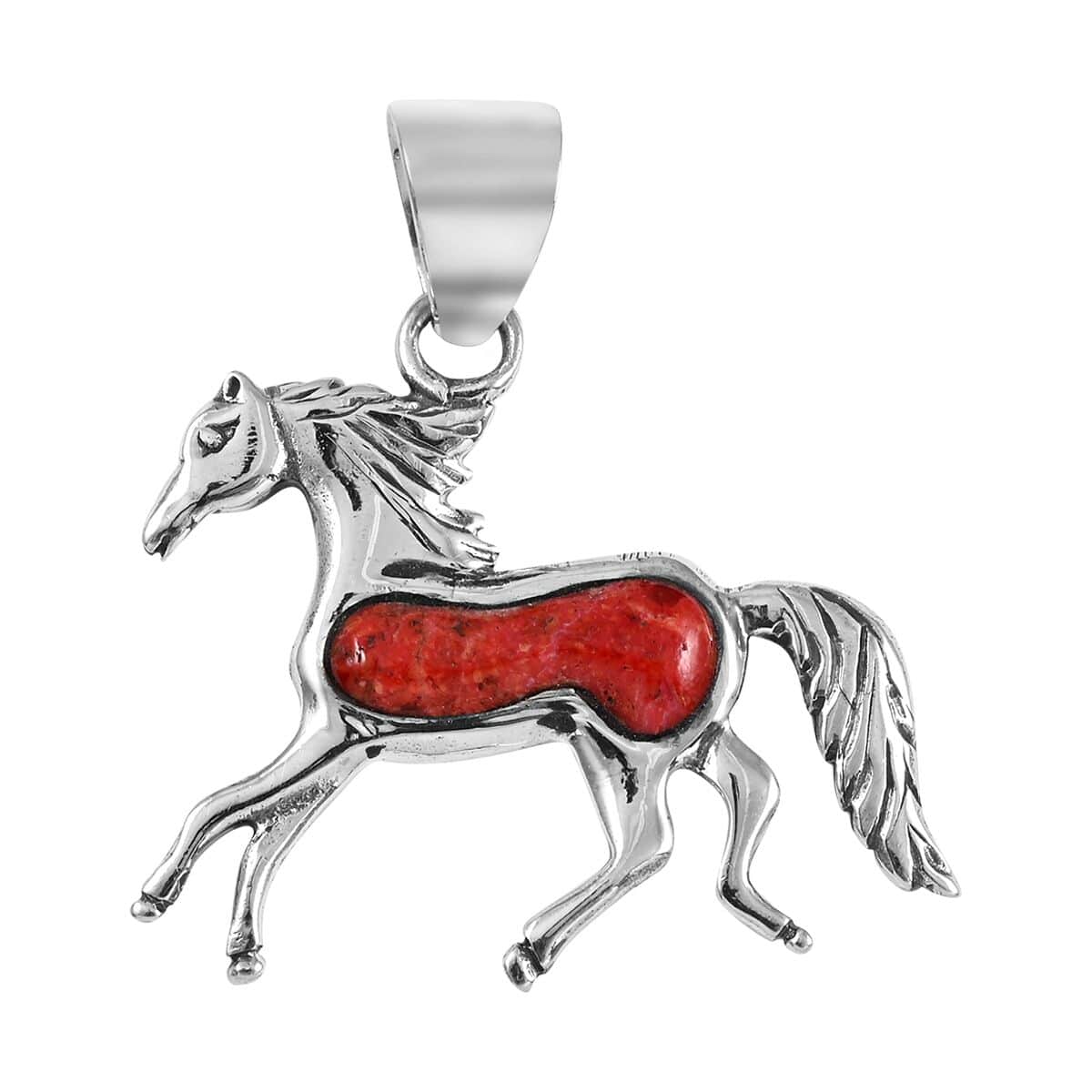 SANTA FE Style Coral Horse Pendant in Sterling Silver image number 0