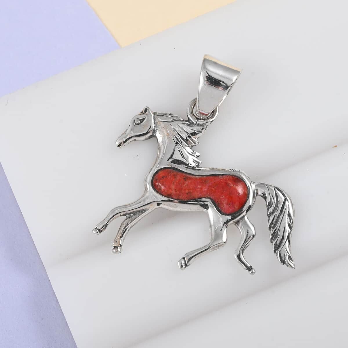 SANTA FE Style Coral Horse Pendant in Sterling Silver image number 1
