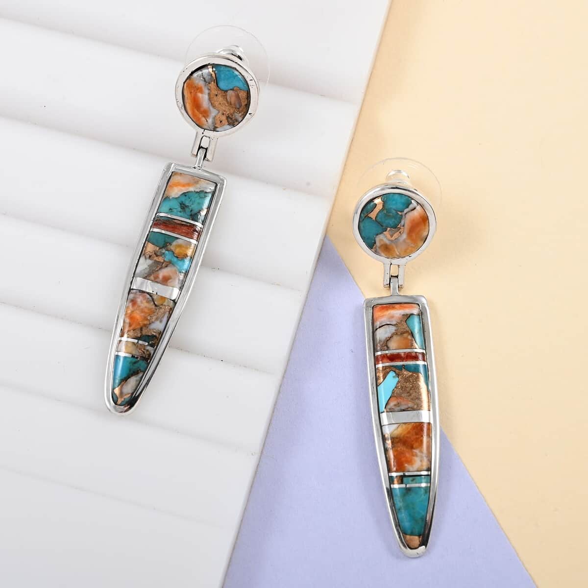 Santa Fe Style Spiny Turquoise Dangle Earrings in Sterling Silver 4.00 ctw image number 1