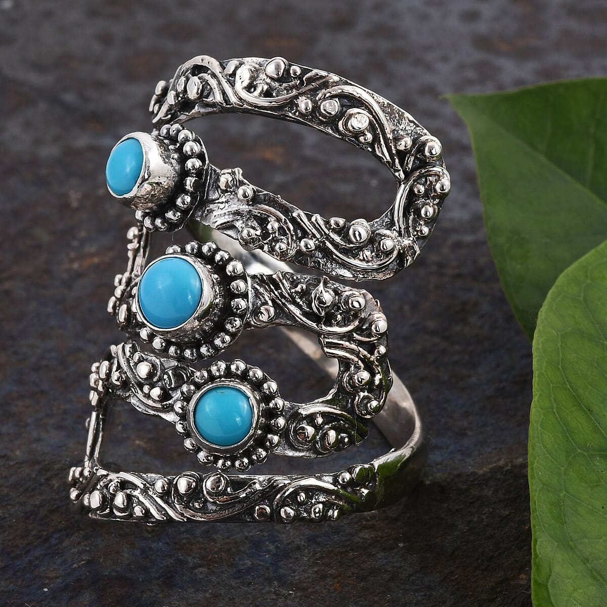 BALI LEGACY American Natural Sleeping Beauty Turquoise 3 Stone Ring in Sterling Silver (Size 10.0) 11.80 Grams 1.00 ctw image number 1