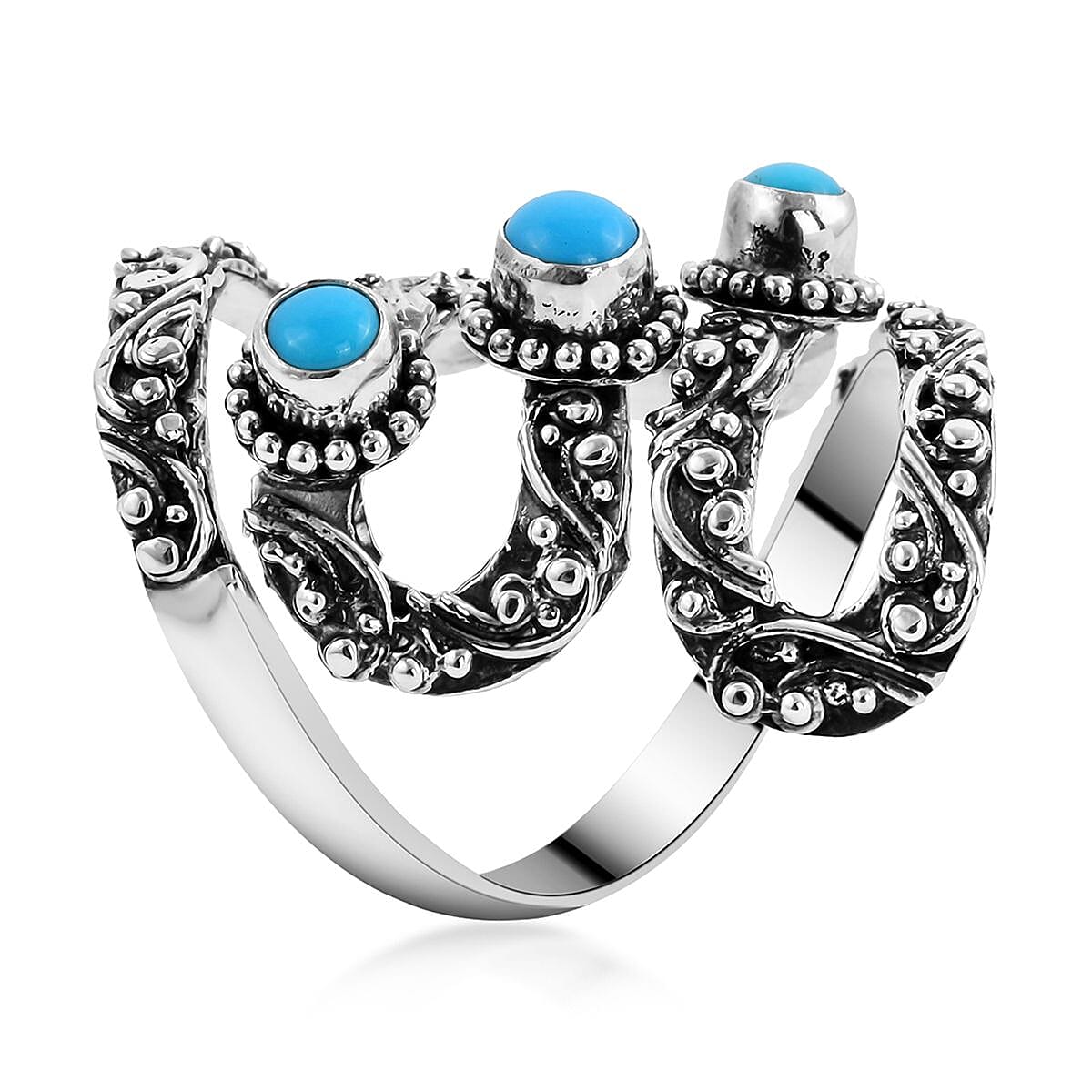 BALI LEGACY American Natural Sleeping Beauty Turquoise 3 Stone Ring in Sterling Silver (Size 10.0) 11.80 Grams 1.00 ctw image number 3