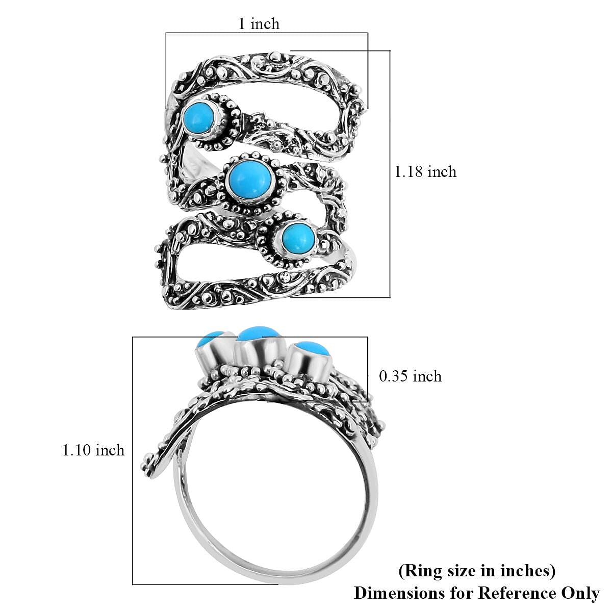 BALI LEGACY American Natural Sleeping Beauty Turquoise 3 Stone Ring in Sterling Silver (Size 10.0) 11.80 Grams 1.00 ctw image number 5