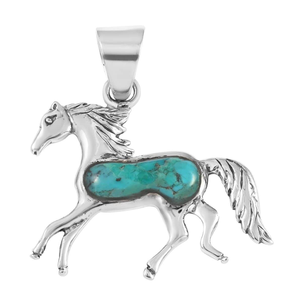 Santa Fe Style Kingman Turquoise Horse Pendant in Sterling Silver 2.50 ctw image number 0