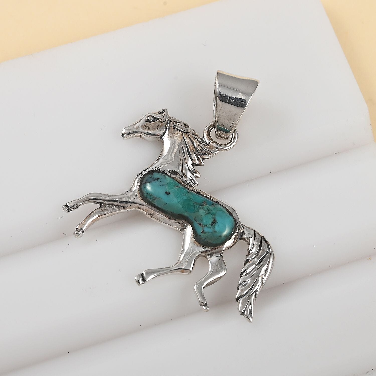 Santa Fe Style Kingman Turquoise Horse Pendant without Chain in Sterling Silver 2.50 ctw