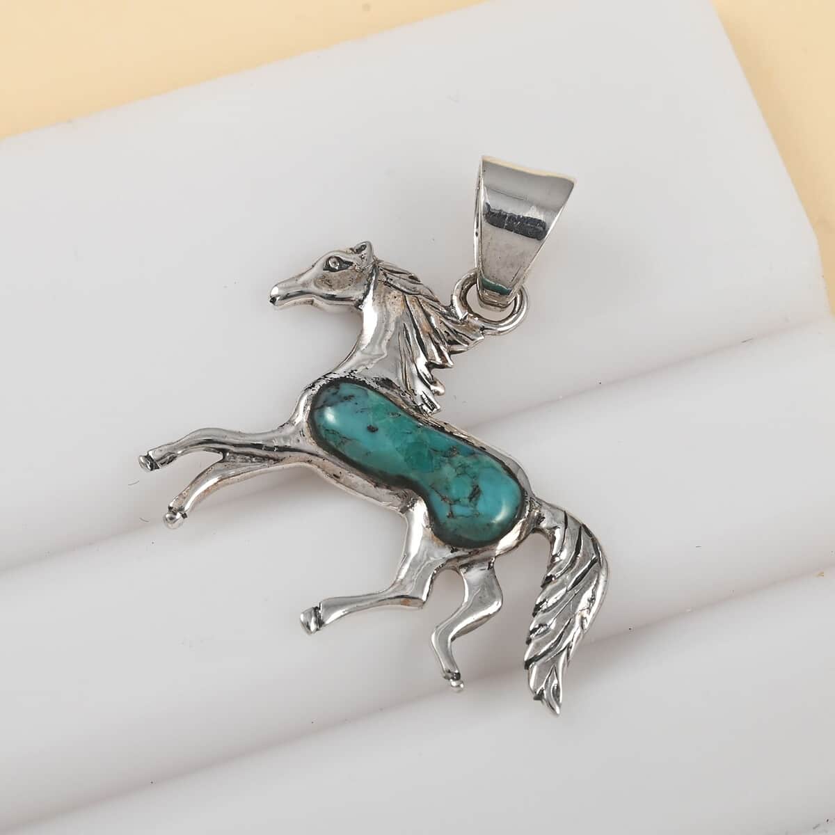 Santa Fe Style Kingman Turquoise Horse Pendant in Sterling Silver 2.50 ctw image number 1