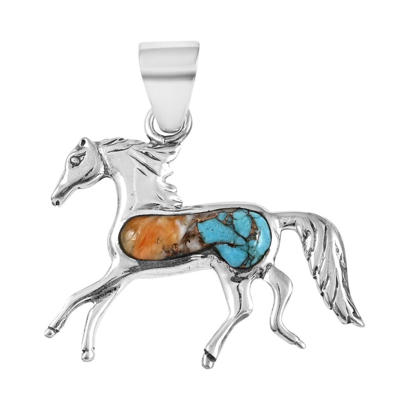 Santa Fe Style Spiny Turquoise Horse Pendant without Chain in Sterling Silver 1.25 ctw