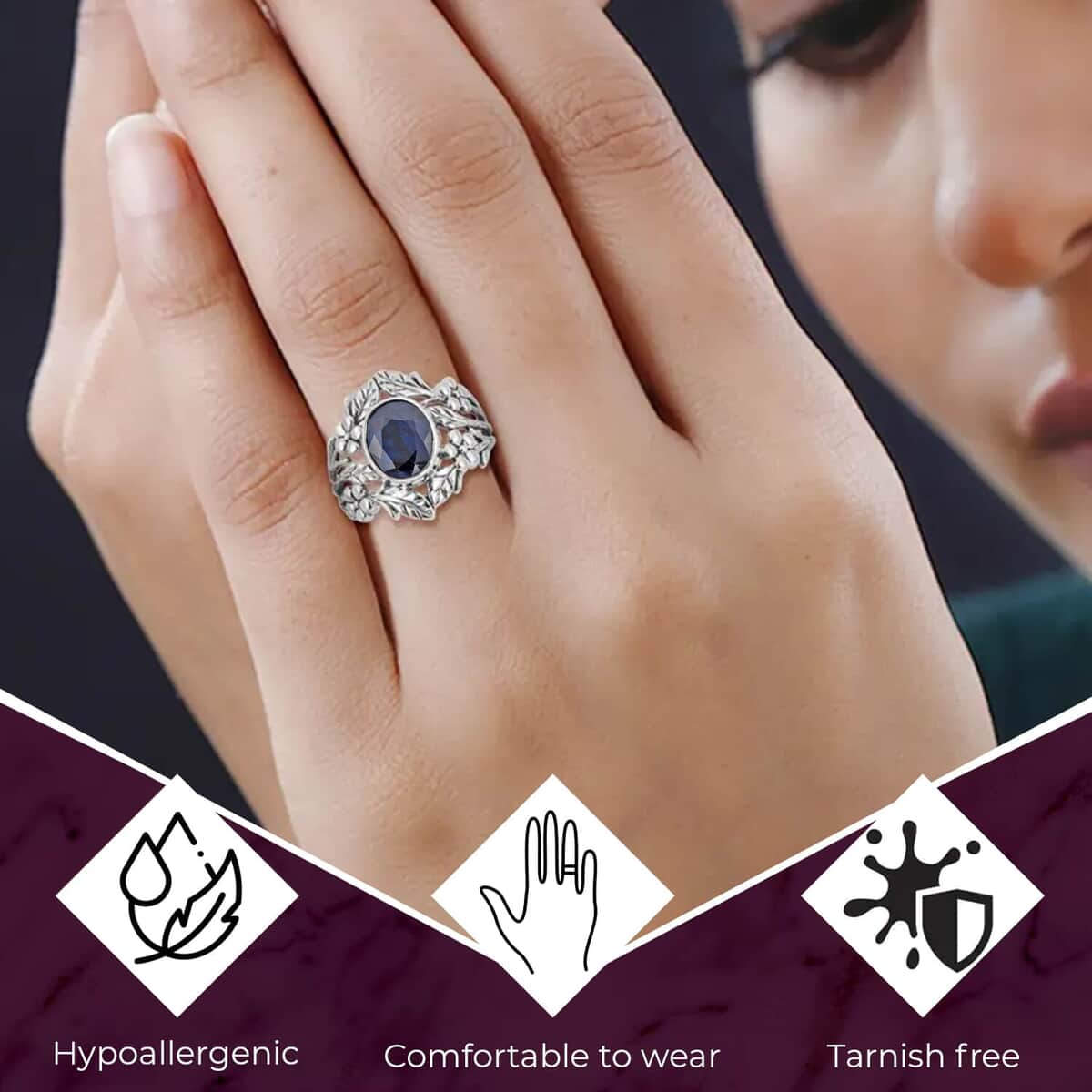 Bali Legacy Madagascar Blue Sapphire Leaf Ring | Madagascar Blue Sapphire Ring | Sapphire Solitaire Ring |Sterling Silver Ring | Silver Solitaire Ring 4.65 ctw (Size 10) image number 2