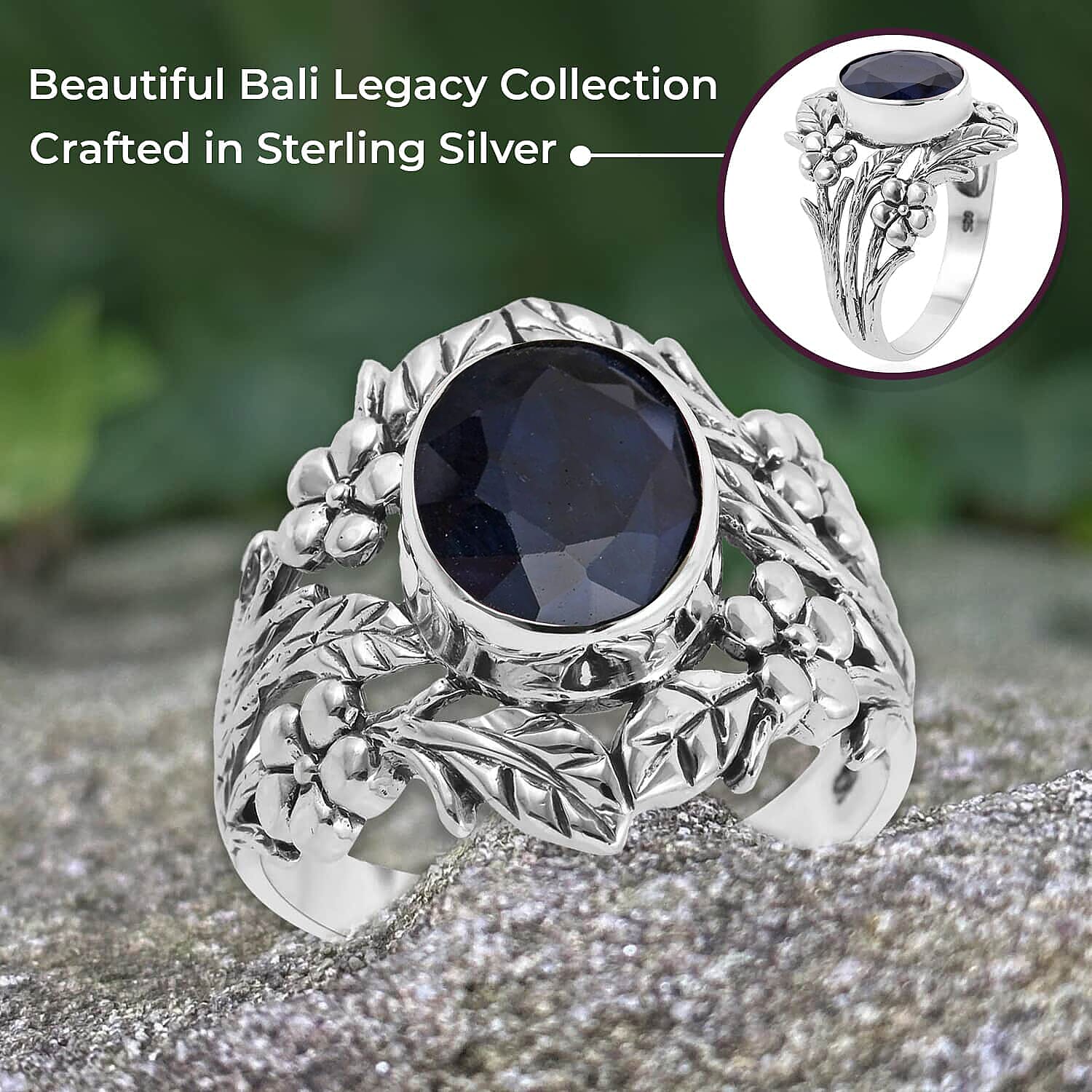 Bali Legacy Madagascar Blue Sapphire Leaf Ring | Madagascar Blue Sapphire Ring | Sapphire Solitaire Ring |Sterling Silver Ring | Silver Solitaire Ring 4.65 ctw (Size 10)